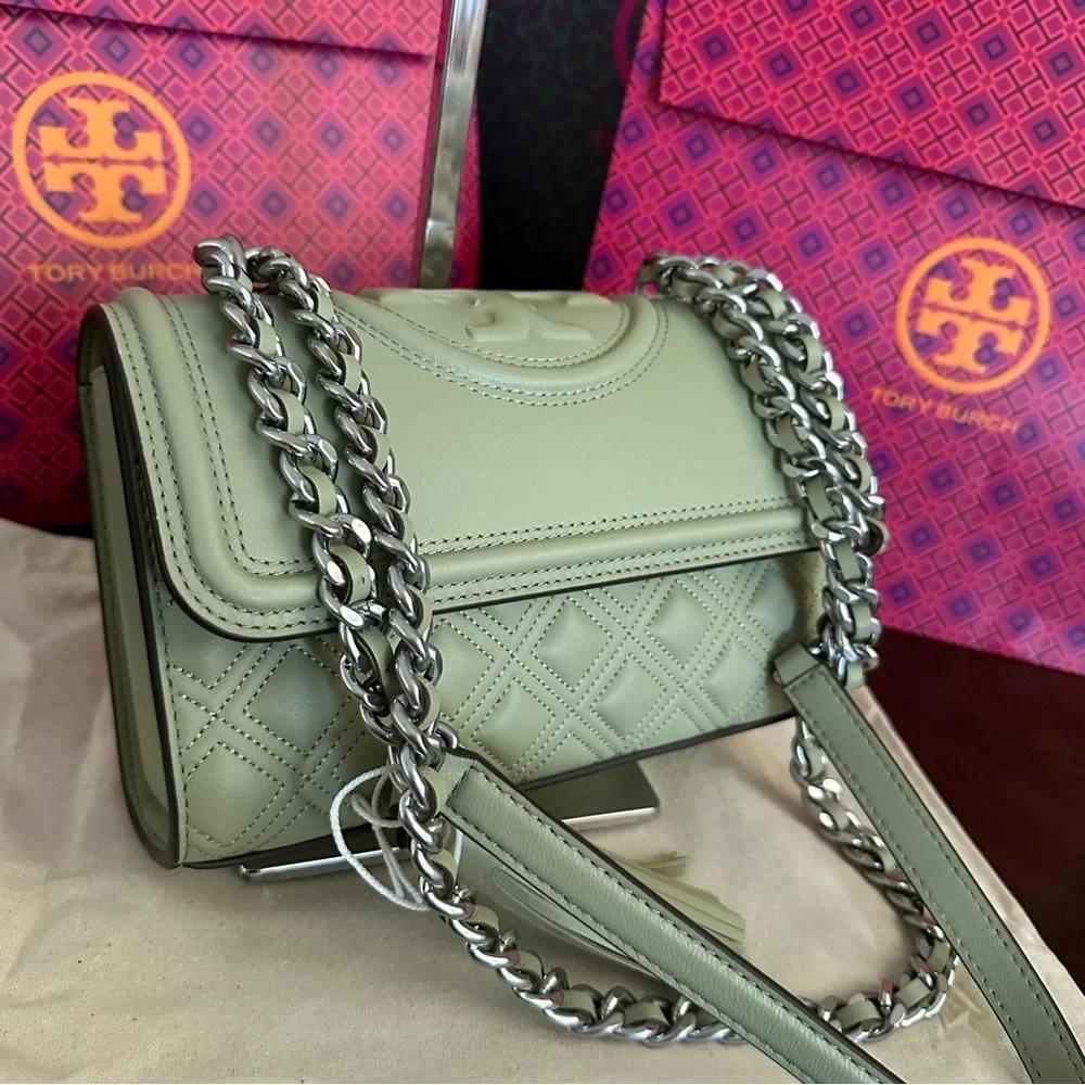 Tory Burch Olive Green Quilted Leather Shoulder Bag with Chain Strap